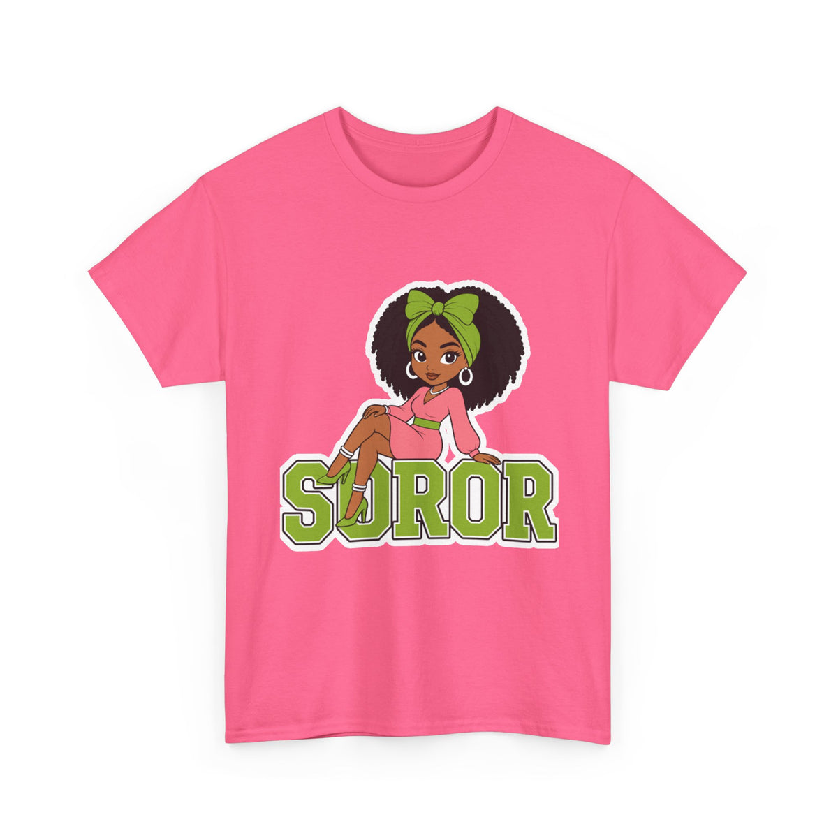 Soror Cartoon Girl T-Shirt | Black Girl Magic, Green Accents