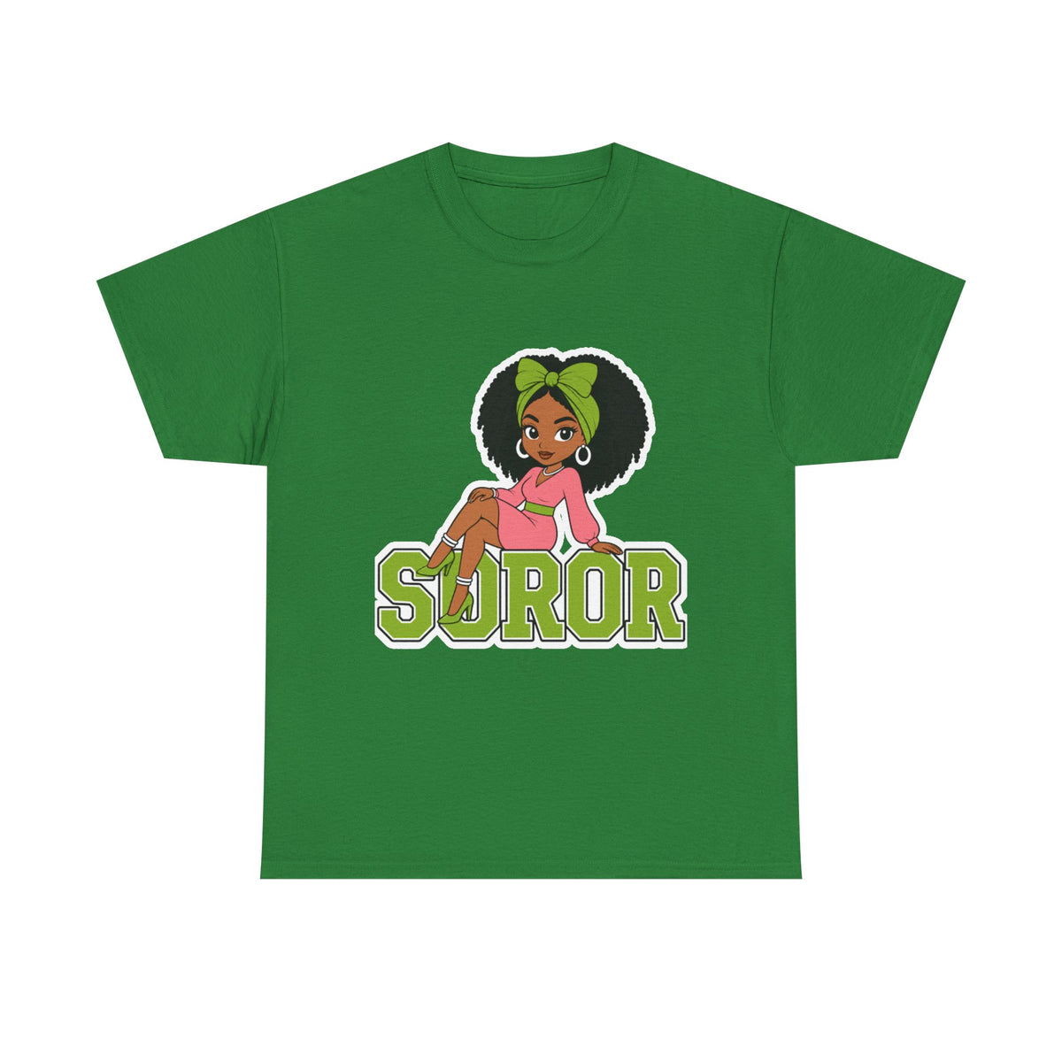 Soror Cartoon Girl T-Shirt | Black Girl Magic, Green Accents