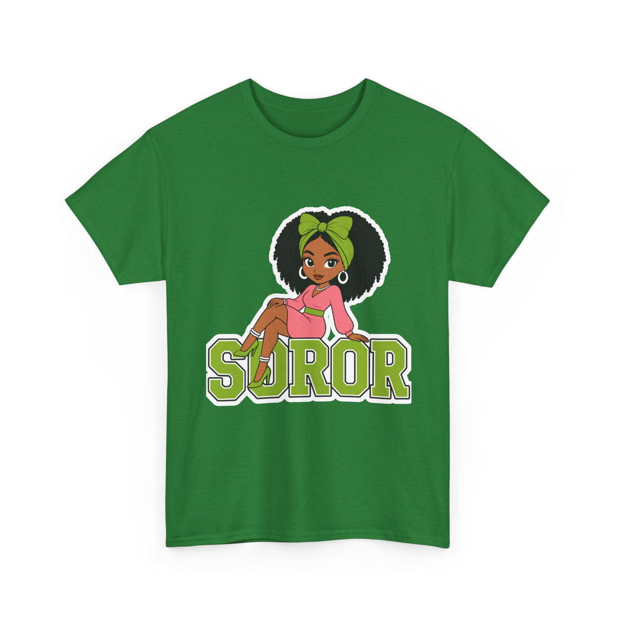 Soror Cartoon Girl T-Shirt | Black Girl Magic, Green Accents