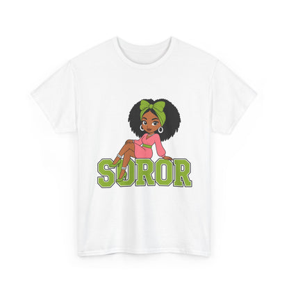 Soror Cartoon Girl T-Shirt | Black Girl Magic, Green Accents